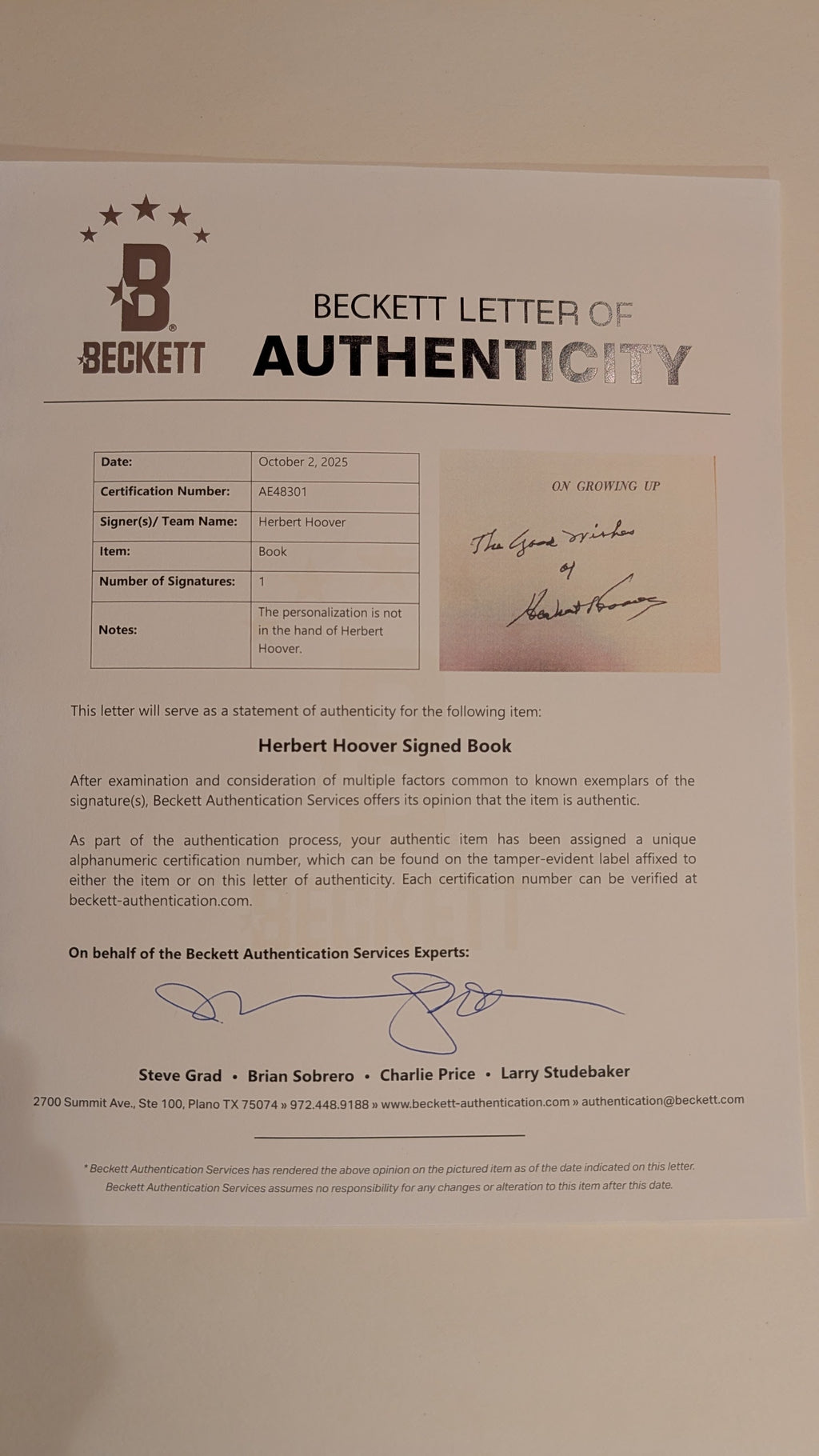 Herbert Hoover SIGNED 1st Ed On Growing Up Beckett LOA Historian Jerome Peltier