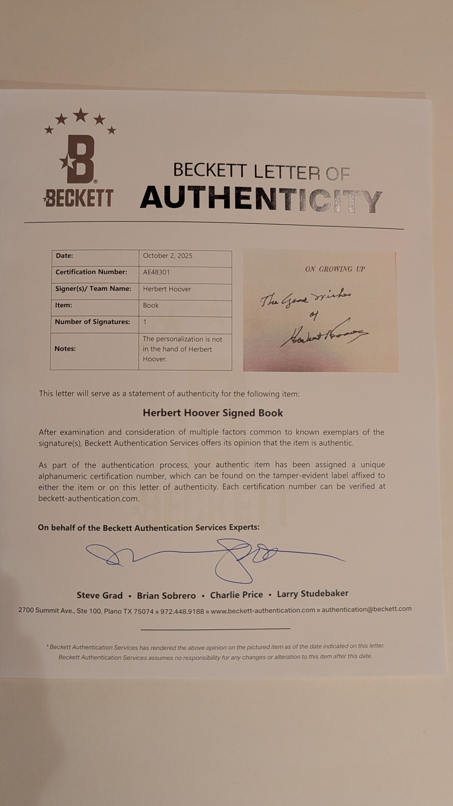 Herbert Hoover SIGNED 1st Ed On Growing Up Beckett LOA Historian Jerome Peltier