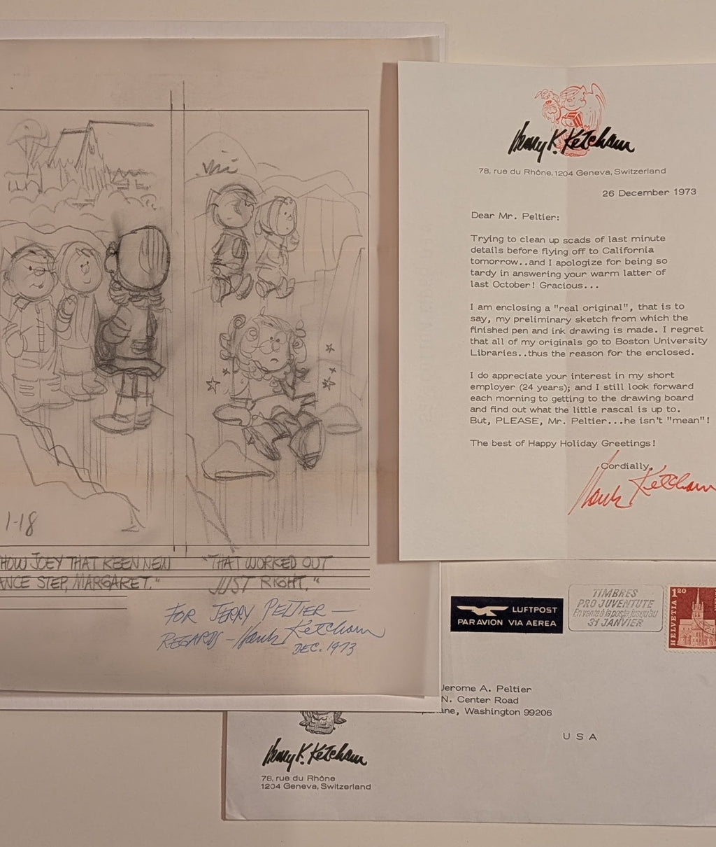 Hank Ketcham Original Signed Dennis Menace Sketch & 1973 Letter Jerome Peltier