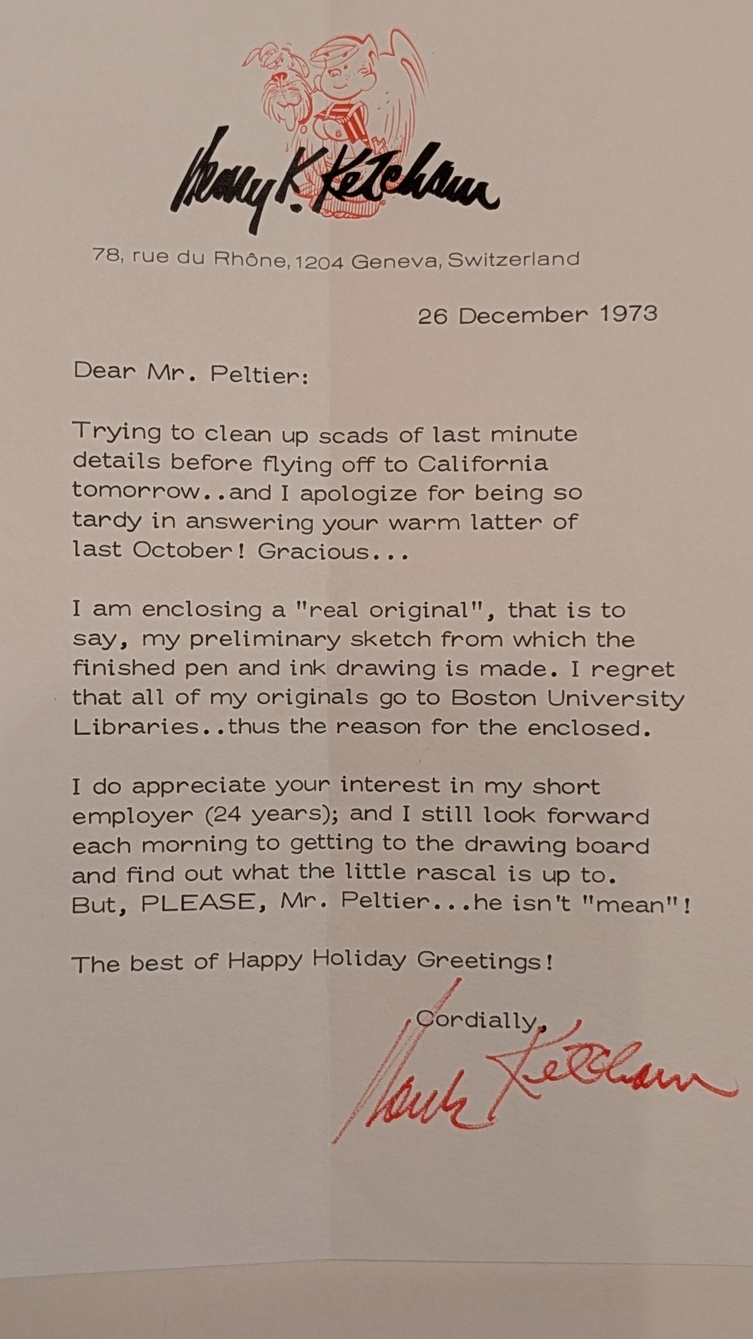 Hank Ketcham Original Signed Dennis Menace Sketch & 1973 Letter Jerome Peltier