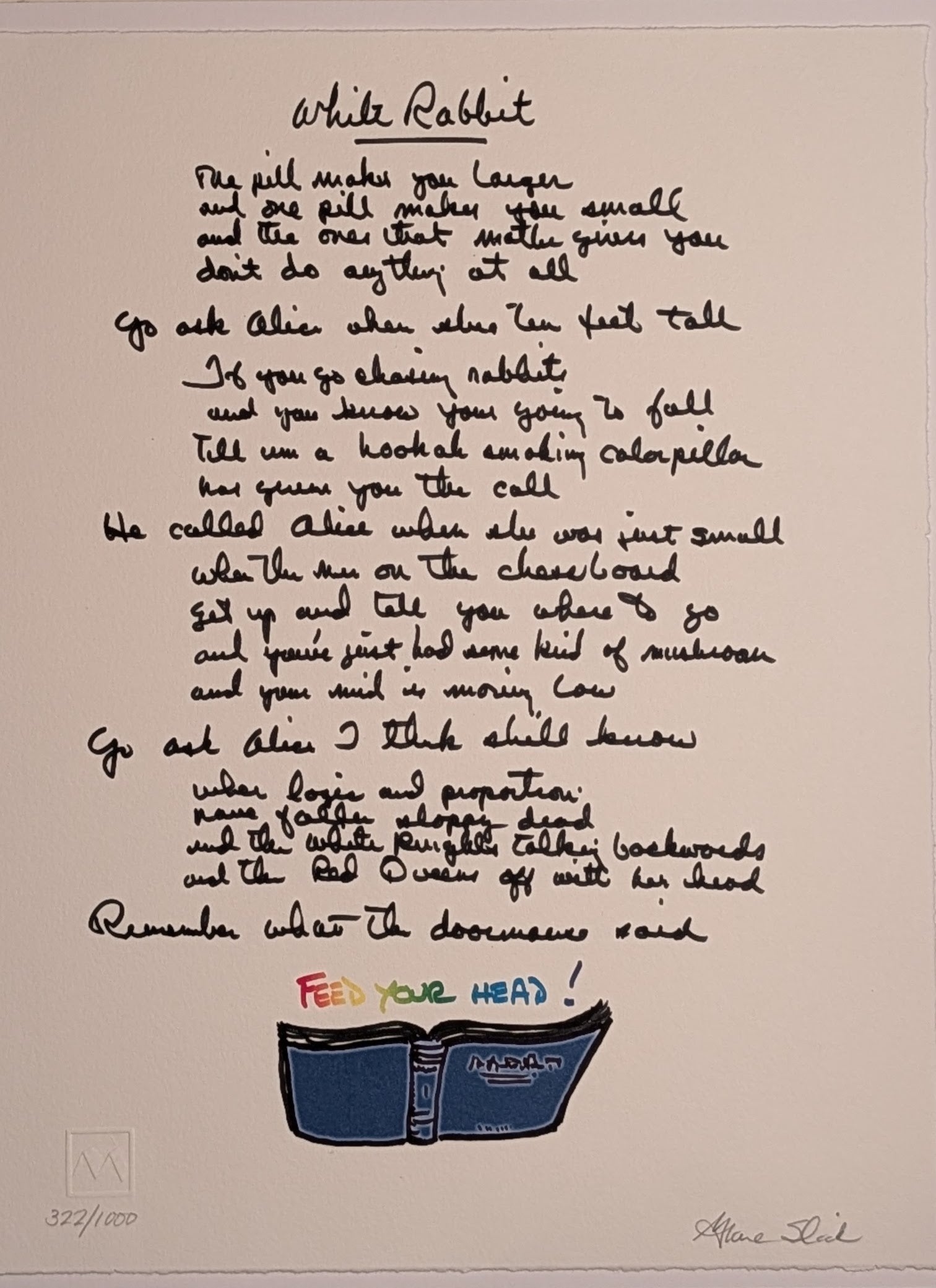 Grace Slick SIGNED White Rabbit Lyrics Lithograph - 1994 Manuscript Originals