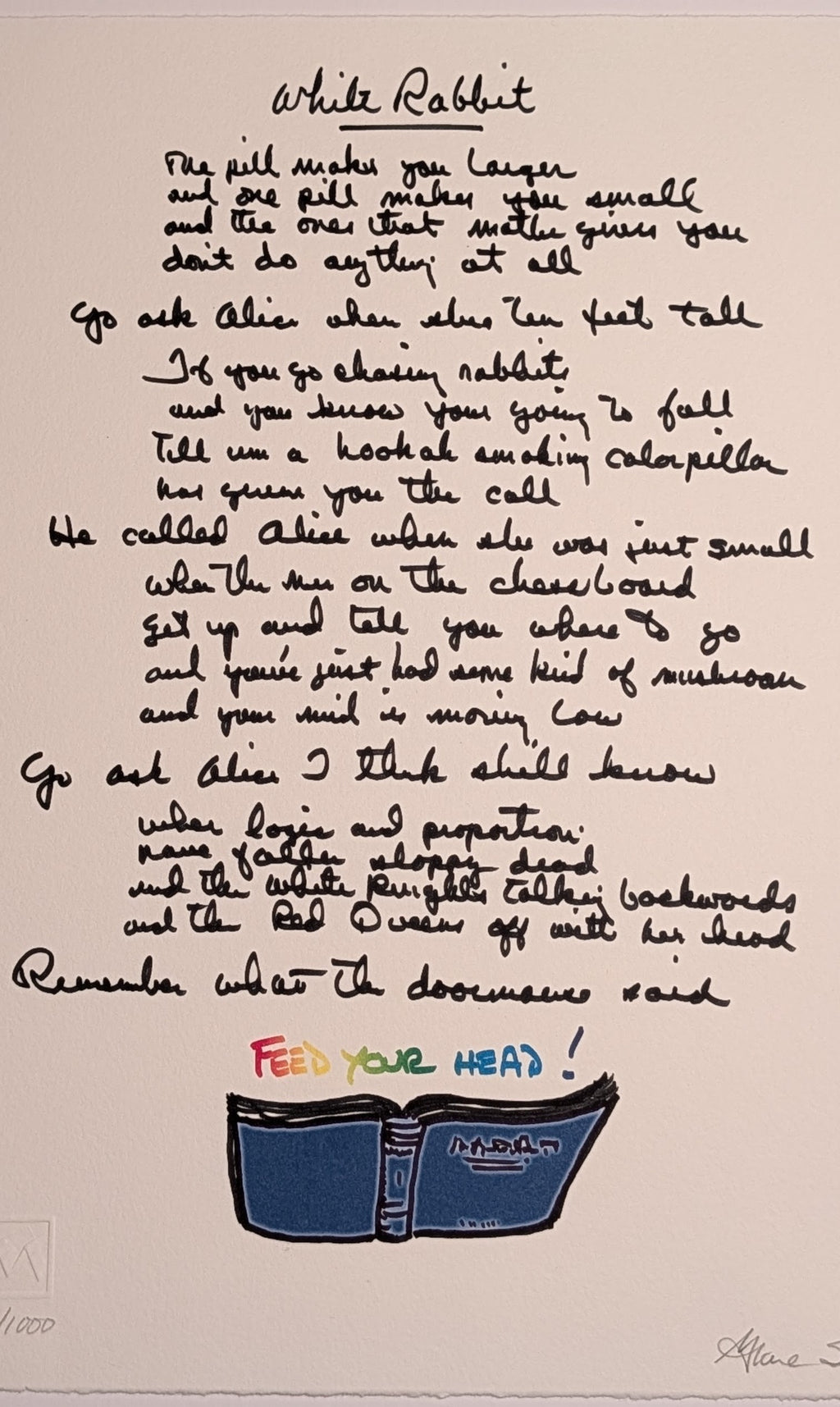 Grace Slick SIGNED White Rabbit Lyrics Lithograph - 1994 Manuscript Originals